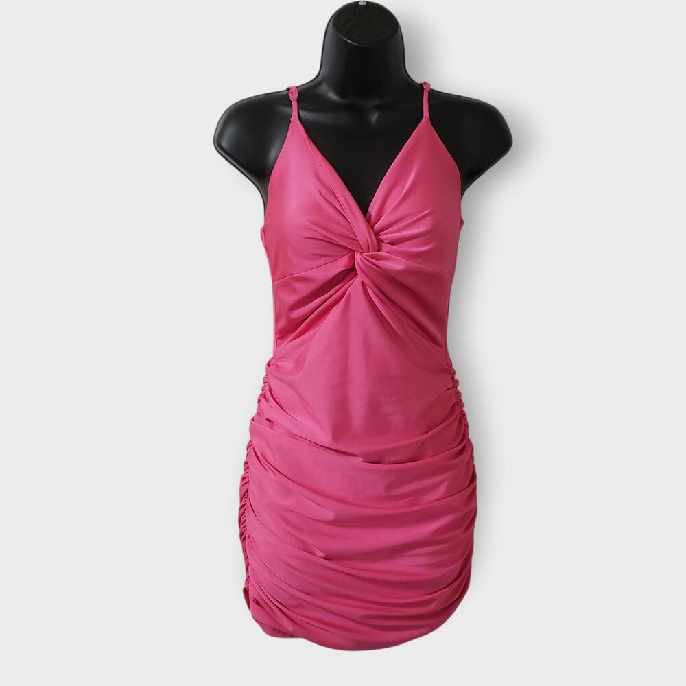 Lucy In The Sky Pink Ruched Twist Knot Bodycon Mini Dress Medium Party Nightout